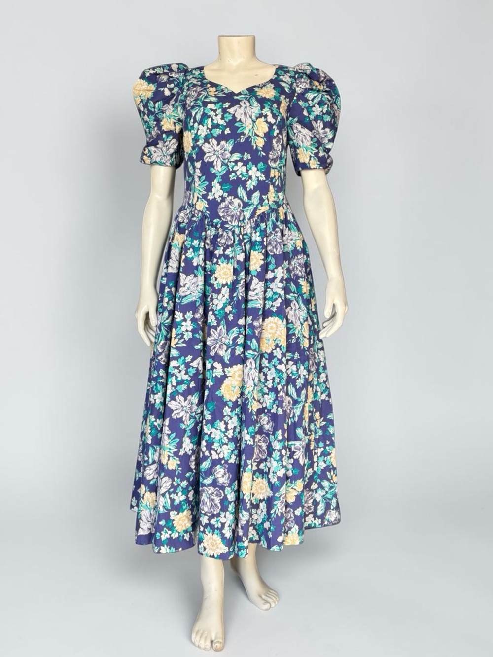 Laura Ashley Vintage Blue Floral Puff Sleeve Midi Dress UK 14 US 12 Cottagecore